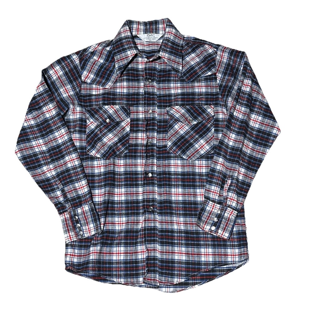 Vintage 1980s Pal Pearl Snap Flannel Shirt M Blue Red Plaid Western Cowboy